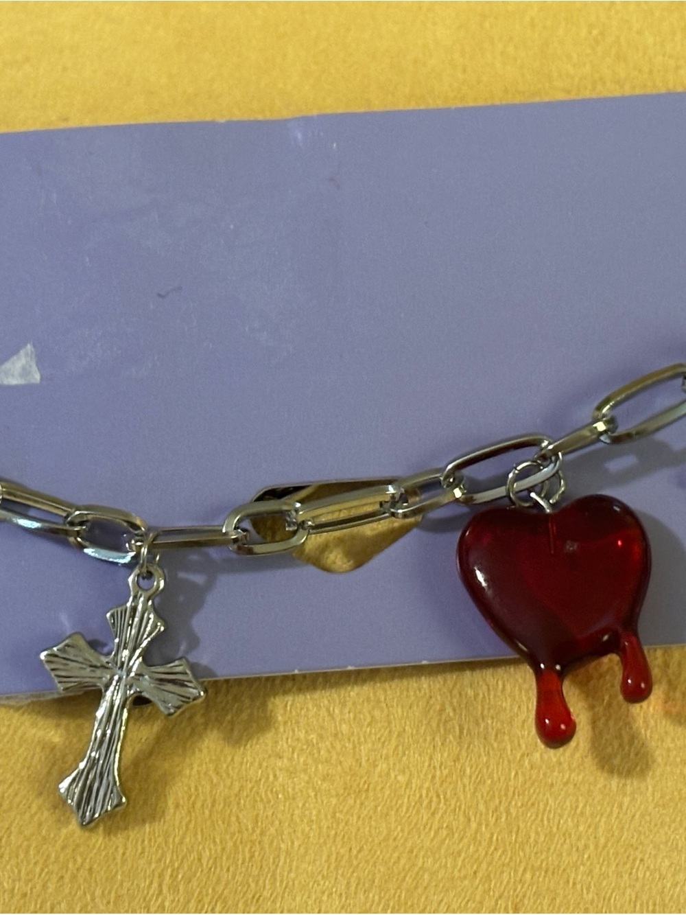 Claire's Silver Link Bracelet with Red Dripping Heart & Cross Charms